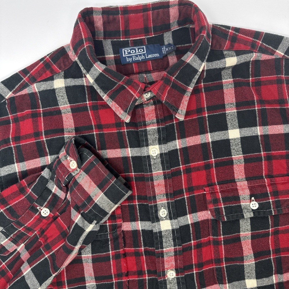 Polo Ralph Lauren Mens XXL Red Black Plaid Flannel Button Down Work Shirt